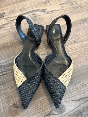 ZARA Black and Natural Woven Pointed Slingback Flats